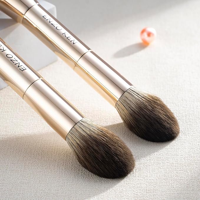 Double Ended Blush and Bronzer Brush, Makeup Brush for Blush Makeup, Double Sided Makeup Brushes, Cream Contour Brush Gold, Fluffy Bronzer Blush Brush for Cheeks, Bronzing - 124B