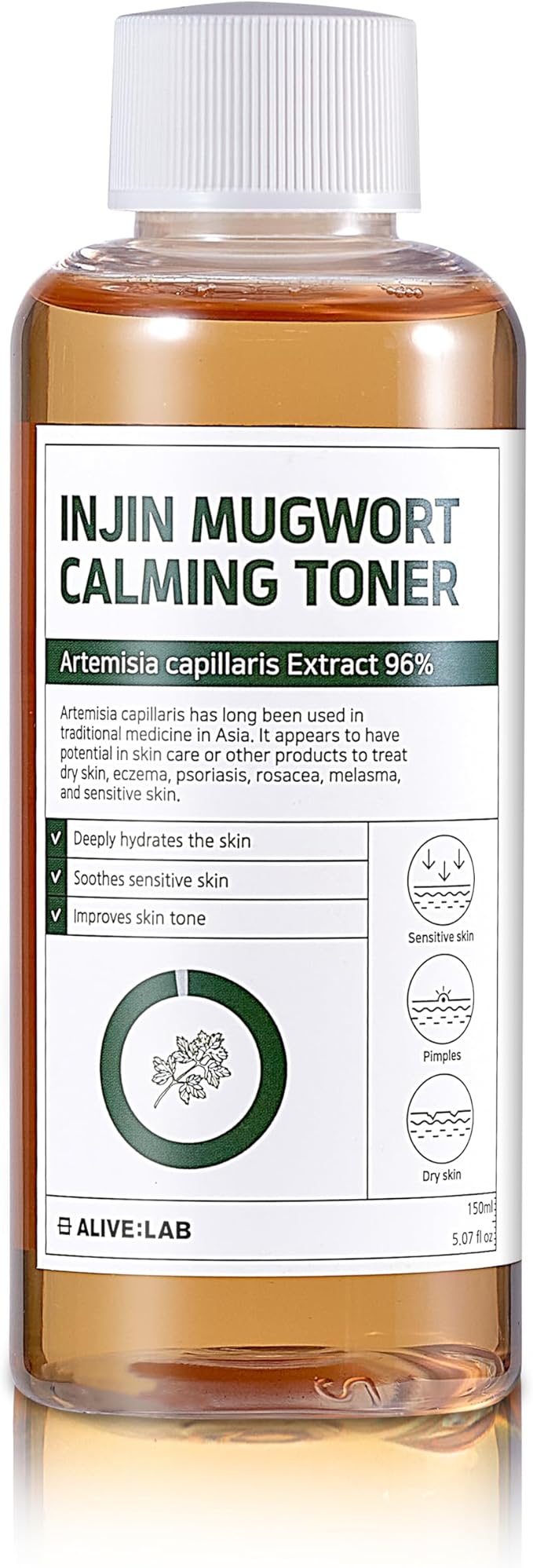 ALIVELAB Injin Mugwort Calming Toner for Sensitive and Acne-Prone Skin, Soothing and Hydrating Facial Toner, Balances Skin pH, Gentle Daily Korean Skincare, 5.07 fl oz