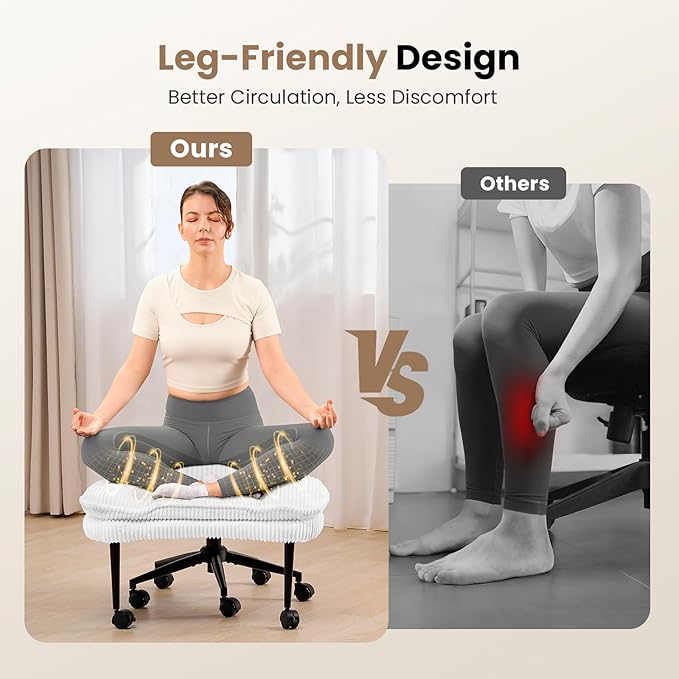 Cross Legged Office Chair, Ergonomic Cloud Criss Cross Desk Chair, Meditation Chair with Wheels, Height Adjustable Seat for ADHD, Wide Kneeling Chair with Back Support, Corduroy Fabric,White