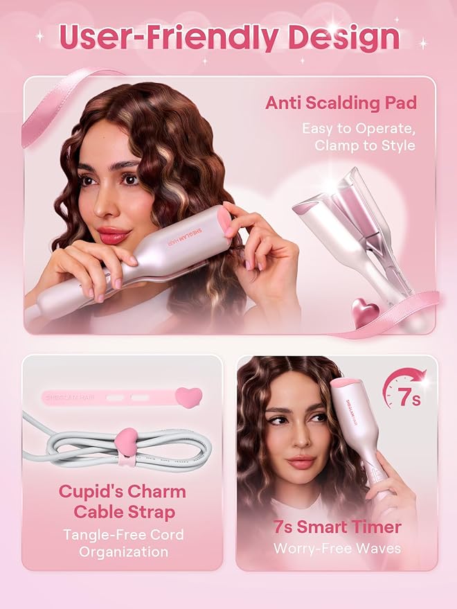 SHEGLAM Pink 1 Inch Hair Waver for Women - Double Barrel Crimper Tool for Mermaid Beach Waves, Lightweight with Smart Timer & Adjustable Temps, Dual Voltage Anti-Scald Easy to Use for Short Hair