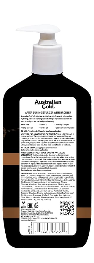 Australian Gold After Sun Moisturizer with Bronzer, 16 oz, Aloe, Vitamin E & Tea Tree Oil Infused, Lightweight Skin Conditioner for Post-Sun Care, Cocoa Dreams Scent