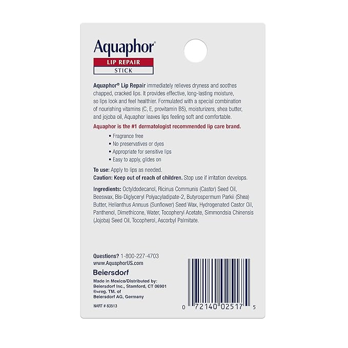 Aquaphor Lip Repair Stick, Moisturizing Lip Balm Pack, Relieves Dryness, 0.17 Oz Stick, (Pack of 4)