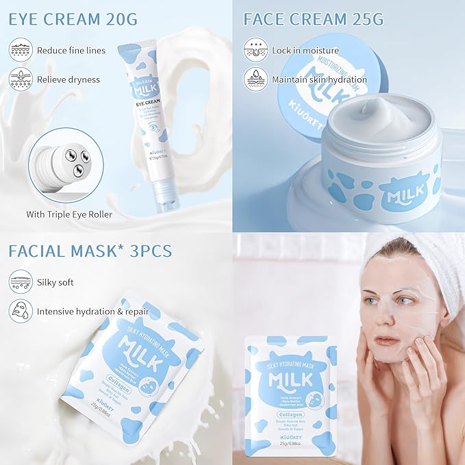 Milk Skin Care Set - 9PCS Milk Skin Care for Kids Ages 8-12 with Cleanser, Toner, Serum, Eye Cream, Face Cream, Sunscreen, Facial Masks - Deep Hydrating, Smooth & Delicate Skin for Girls & Women