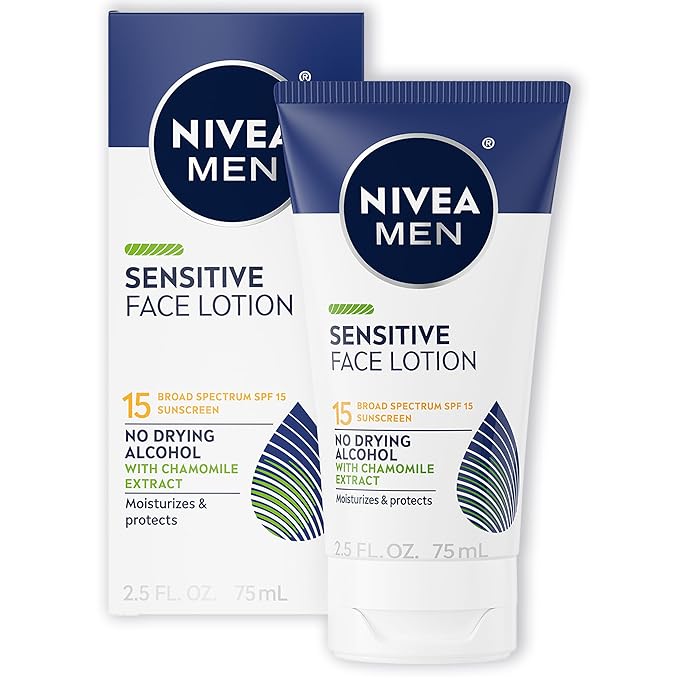NIVEA MEN Sensitive Face Lotion with SPF 15,Broad Spectrum Sunscreen of 2.5 Fl Oz Tubes,(Pack of 6)