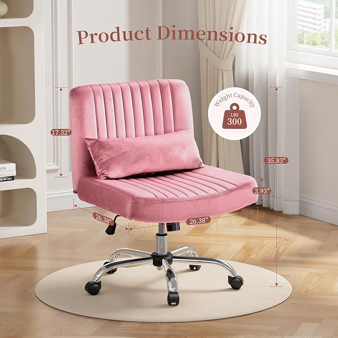 Warmiehomy Velvet Criss Cross Desk Chair with Wheels, Luxury Cross Legged Office Chairs for Home Office, Swivel Wide Seat Vanity Chair, Armless Adjustable Height Gaming Chair Gift, Rose Pink