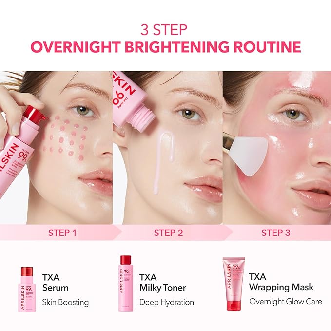 APRILSKIN TXA Overnight Glow Booster Trio: TXA Toning Shot 99 Spicule Facial Serum, Pink Milky Toner and TXA Overnight Wrapping Mask
