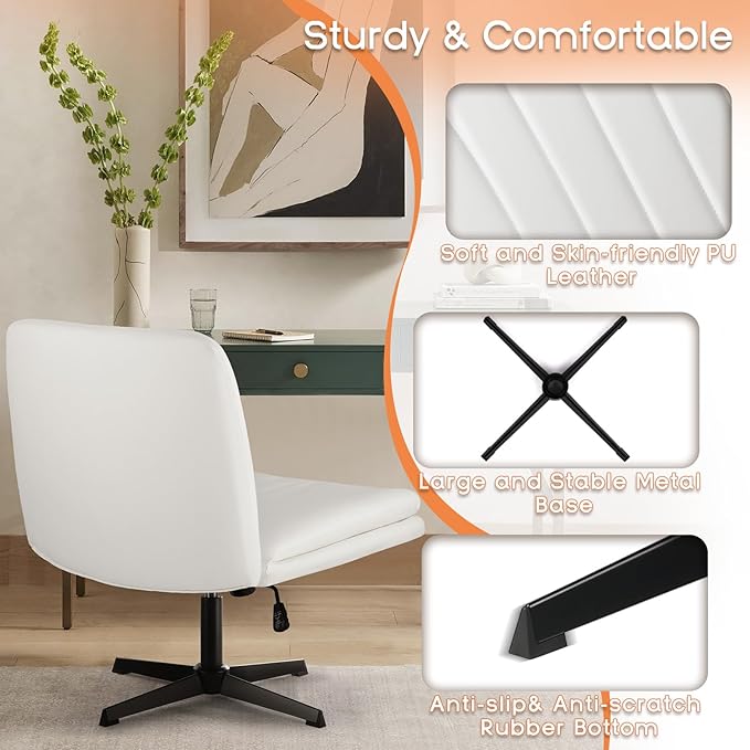 PUKAMI Criss Cross Chair,Comfy Cross Legged Office Desk Chair No Wheels,Modern Fabric Swivel Adjustable Height Mid Back Wide Seat for Home Office Computer (Pu White)