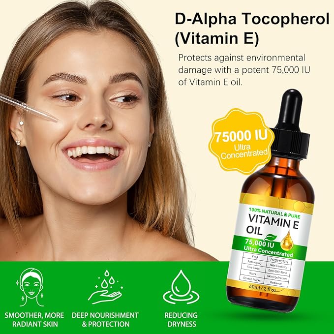 Essential Vitamin E Oil for Skin,Face,75000 IU Pure Vitamin E Body Oil for Women Girls 4 Oz