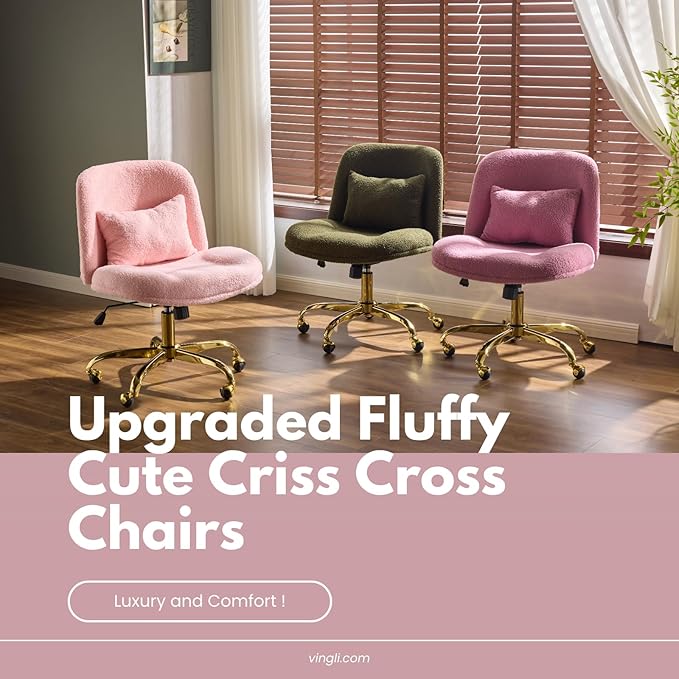 VINGLI Wide Criss Cross Legged Office Chair,Buttprint Ergonomic Desk Chair Comfy with Pillow&Gold Base,Dual-Use with/no Wheels,Adjustable Vanity Swivel Chair for Bedroom,Home Office,Teddy Fleece,Pink