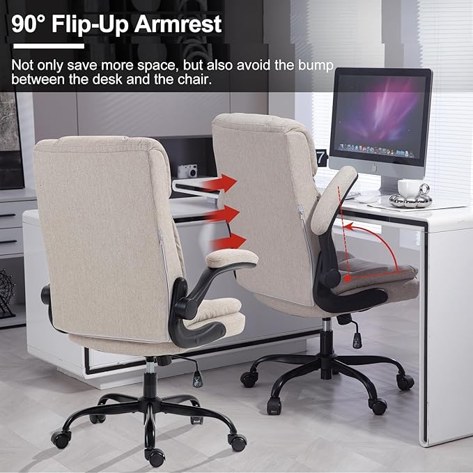 Office Chair High Back Ergonomic Executive Computer Desk Chair Comfortable Fabric Padded Home Office Desk Chairs with Flip-up Arm Rest Adjustable Height Swivel Wheels (Beige)