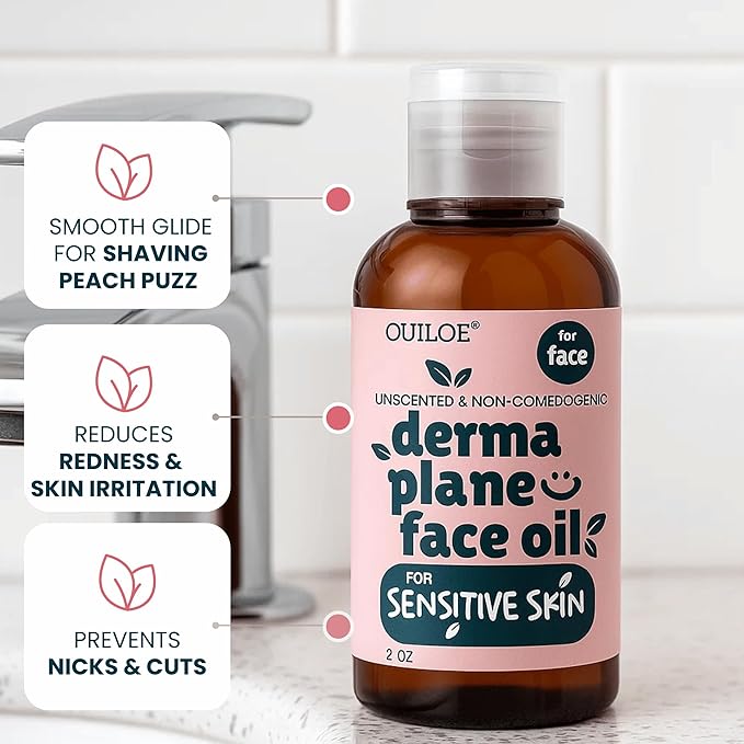 Dermaplane Kit for Sensitive Skin - Non Comedogenic Face Shaving Oil & Razor for Women - Safe for Acne Prone Skin - Fragrance Free, Natural & Non Greasy for Pre & Post Dermaplaning 2oz by Ouiloe