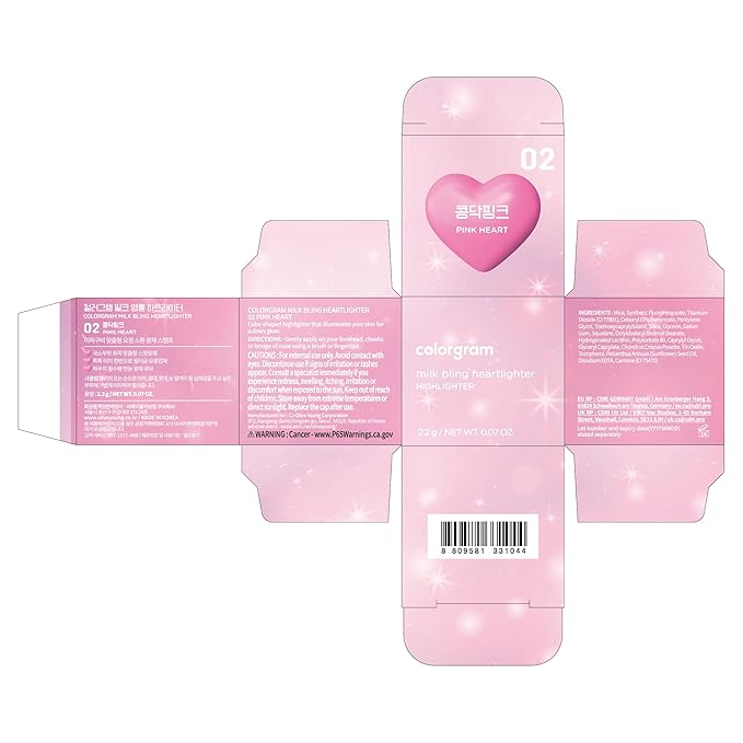 COLORGRAM Milk Bling Heartlighter 02 Pink Heart | Silky Smooth Versatile Creamy Highlighter with Shimmery Finish, Soft and Natural Glow Perfect for Daily Makeup