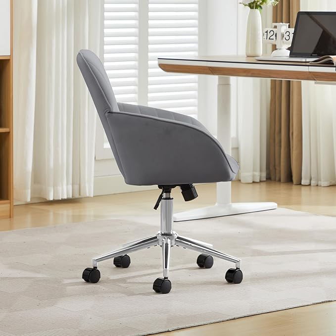 YITAI Velvet Office Desk Armchairs with Silver Base and Wheels,Modern Height Adjustable 360 Degree Swivel Upholstered Vanity Chairs for Living/Room Bedroom/Study,Gray