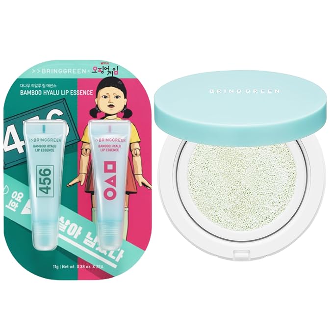 BRING GREEN Tea Tree CICA Sun Cushion + Squid Game Lip Essence Set | SPF 50+ Zinc Mineral Sunscreen & Hydrating Bamboo Lip Duo | Korean Skincare x Netflix Special Edition