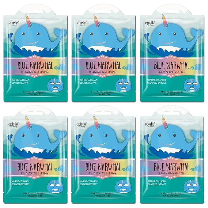 Epielle Character Face Mask Blue Narwhal 6 Pack, Fun & Effective Korean Skin Care, Spa Party Favors, Stocking Stuffers, Birthday Gifts for Women, Self Care Gifts