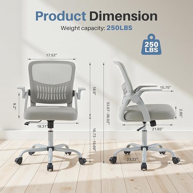 DUMOS Home Office Computer Chair - Ergonomic Mid Back Desk with Lumbar Support and Rocking Mode, Height Adjustable with Flip-up Armrest, for Conference Meeting Room, 360° Swivel, Adults, Grey