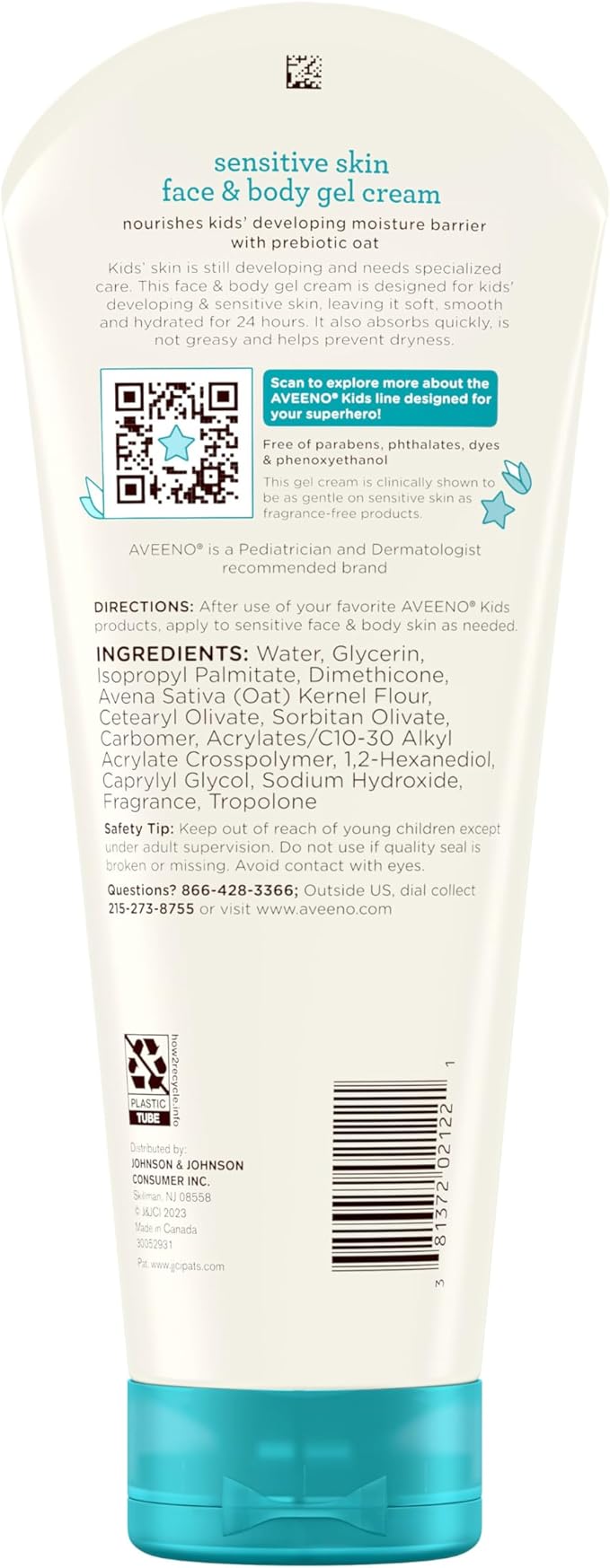 Aveeno Sensitive Skin Face & Body Gel Cream for Kids with Prebiotic Oat, Clinically Proven 24 Hour Hydration for Soft Skin, Quick Drying and Lightweight, Hypoallergenic, 8 oz