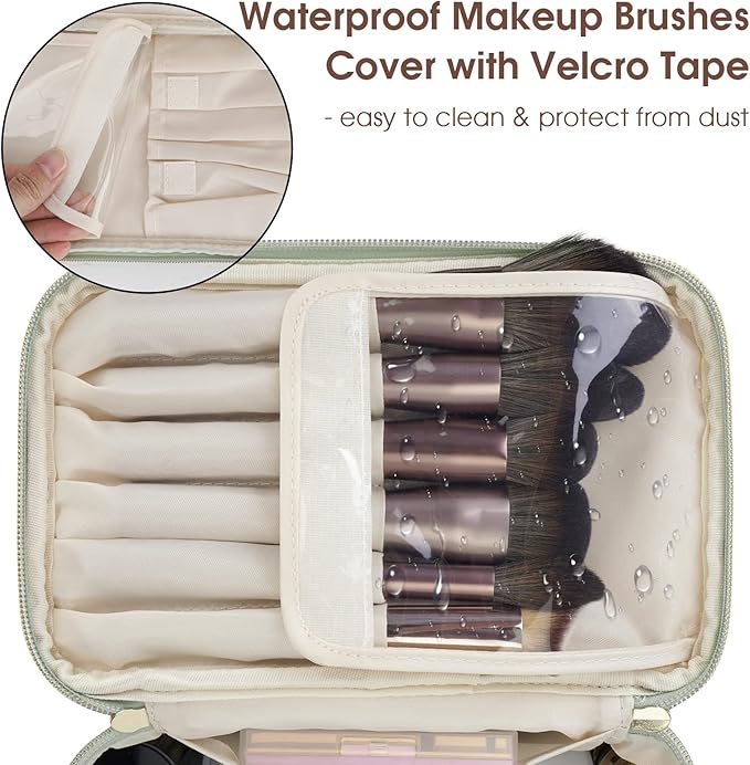 Wandering Nature Makeup Bag, Travel Make Up Organizer Cosmetic Brush Bags Case for Women in Vegan Leather, Sage Green, Patent Pending