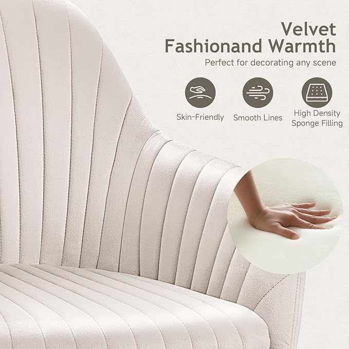 Warmiehomy Velvet Desk Chair for Home Office, Modern Adjustable Swivel Task Chair, Women Vanity Chairs with Arm Rest for Bedroom Dressing Room, Beige