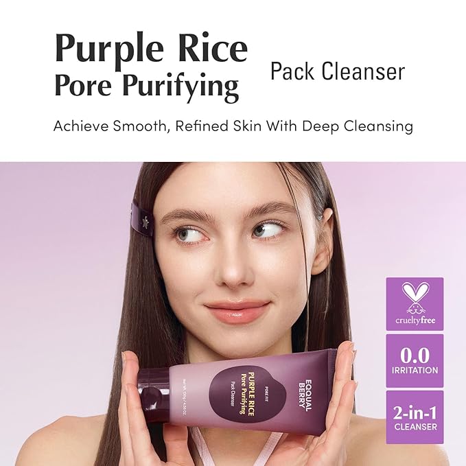 EQQUALBERRY Purple Rice 3-Step Pore Care & Glass Skin Trio – Cleansing Oil, Pack Cleanser & Pore Minimizing Serum | Complete Korean Skincare for Double Cleansing, Pore Refining & Skin Prep