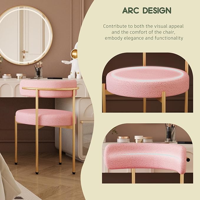 Desk Chair No Wheels Vanity Chair Comfy Accent Chairs for Living Dining Room Bedroom Home Office Mid Century Modern Upholstered Armless Chairs with Metal Legs (Gold Frame+Pink, 2)