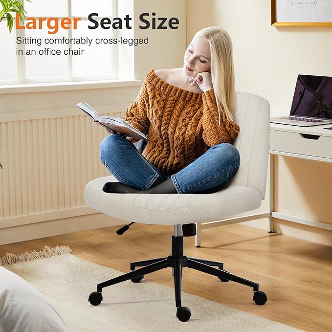 Sweetcrispy Criss Cross Chair Legged with Wheel, Armless Office Swivel Desk Chair with Wheel, Vanity Height Adjustable Wide Seat Comfy Cute Computer Task Seating for Home Bedroom