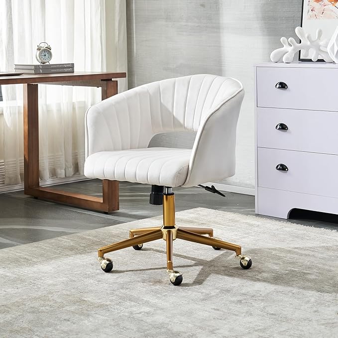 Vanity Chair with Back 360 Swivel Armchair and Gold Base, Criss Cross Chair with Wheels for Vanity Home Office, Living Room, Bedroom and Study (Beige)