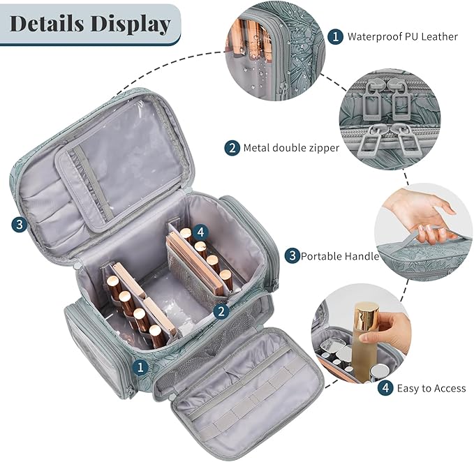 Large Makeup Bag, Portable Travel Makeup Bag Organizer for Women Girls with Makeup Brush Compartment & Two Side Pockets, Cosmetic Travel Bag Vertical Storage Toiletry - Floral Blue