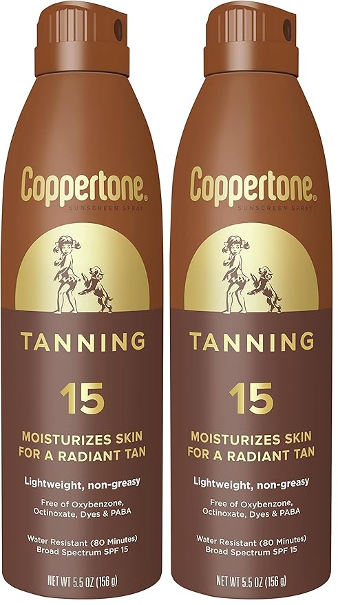Coppertone Tanning Sunscreen Spray with Broad Spectrum SPF 15, Water Resistant Spray Sunscreen, Lightweight and Non-Greasy, 5.5 Oz (Pack of 2)