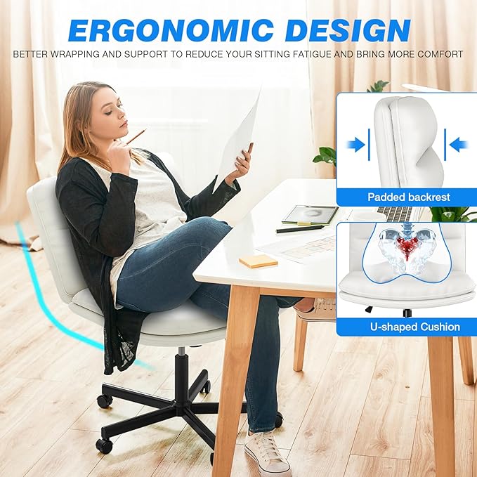 Rfiver Ergonomic Armless Criss Cross Chair with Height Adjustable and Swivel, Wide & Thickened Cushion Cross Legged Vanity Chair, Comfortable PU Leather Desk Chair for Computer Task and Make Up, White