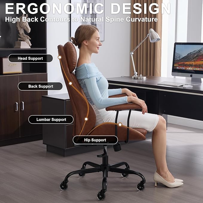 Office Chair, Leather Desk Chair with Rubber Wheels, Ergonomic Computer Chair 500 LBS with Lumbar Support, High Back Executive Chair for Modern Home Office, Brown