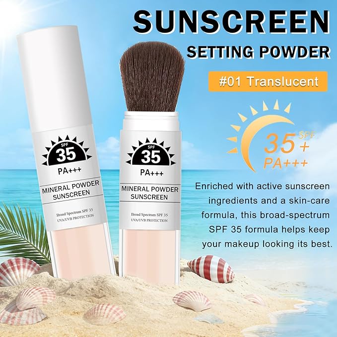 Mineral Powder Sunscreen for Face & Scalp SPF 35 Brush Sunscreen Setting Powder Oil Control Long Lasting Matte Finish Lightweight Loose Powder for All Skin Tones Types - 01 Translucent