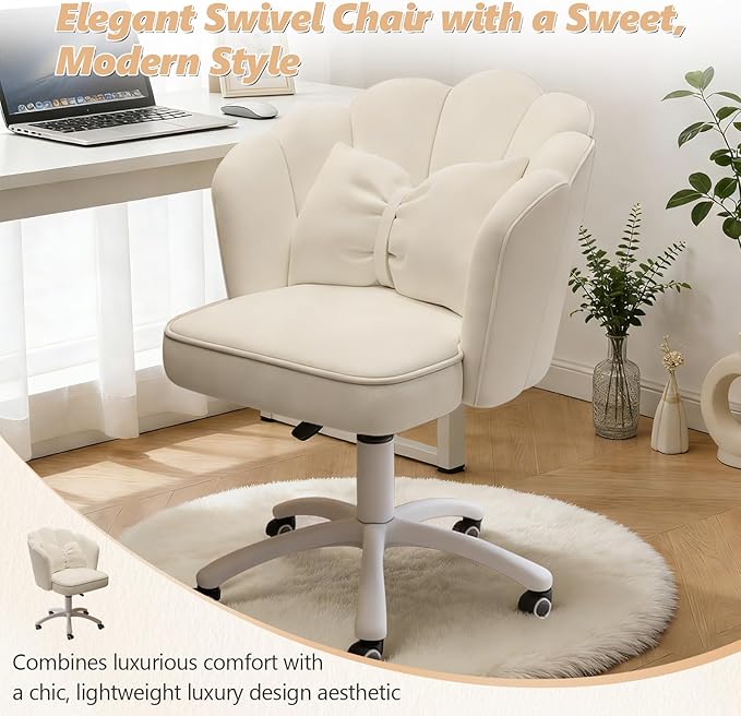 Home Office Desk Chair Swivel Rolling Vanity Chair with Silent Wheels and Comfortable Back, Adjustable Height Upholstered Computer Task Chair for Makeup, Bedroom