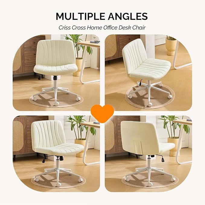 VINGLI Criss Cross Legged Chair,Wide Comfy Office Desk Chair,Dual-Use with/no Wheels Computer Task Chair,Swivel Armless Vanity Rolling Chair for Study,Make Up,Home Office,Cat Scratch PU Leather,Beige