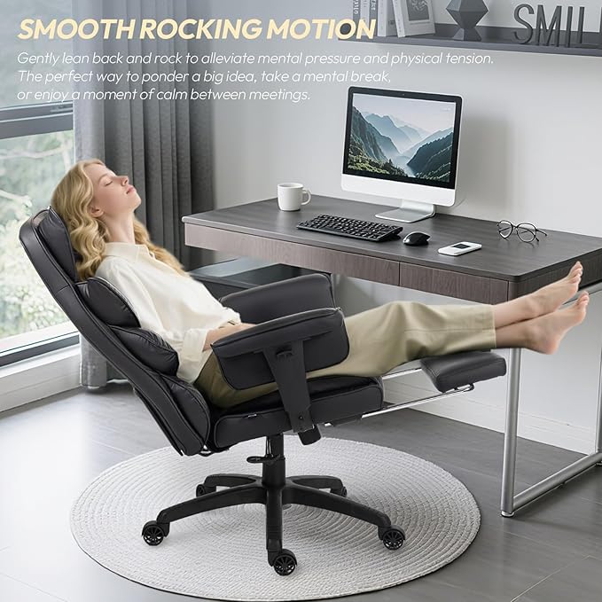 Dowinx Big and Tall Office Chair with Pocket Spring Cushion,High Back Computer Gaming Chairs with Adjustable Armrests,Executive Desk Chairs with Lumbar Support and Footrest,PU Leather-Black