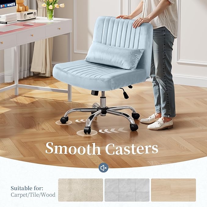 Criss Cross Office Chair with Wheels, Velvet Cross Legged Desk Chair for Bedroom, Armless Computer Chair, Modern Vanity Chair, Festival for Adults, Light Blue