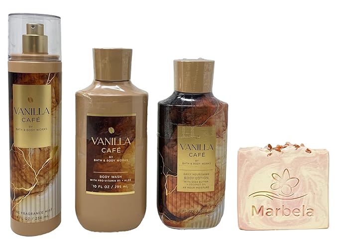 Bath & Body Works Vanilla Cafe Trio Gift Set - Fragrance Mist, Body Lotion and Body Wash with a Himalayan Salts Springs Bar Soap