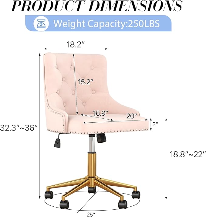 Velvet Armless Home Office Desk Chair, Swivel Height-Adjustable Small Cute Vanity Chair for Women/Girls, Comfy Makeup Chair with Rivet and Gold Base for Living Room, Bedroom(Light Pink)