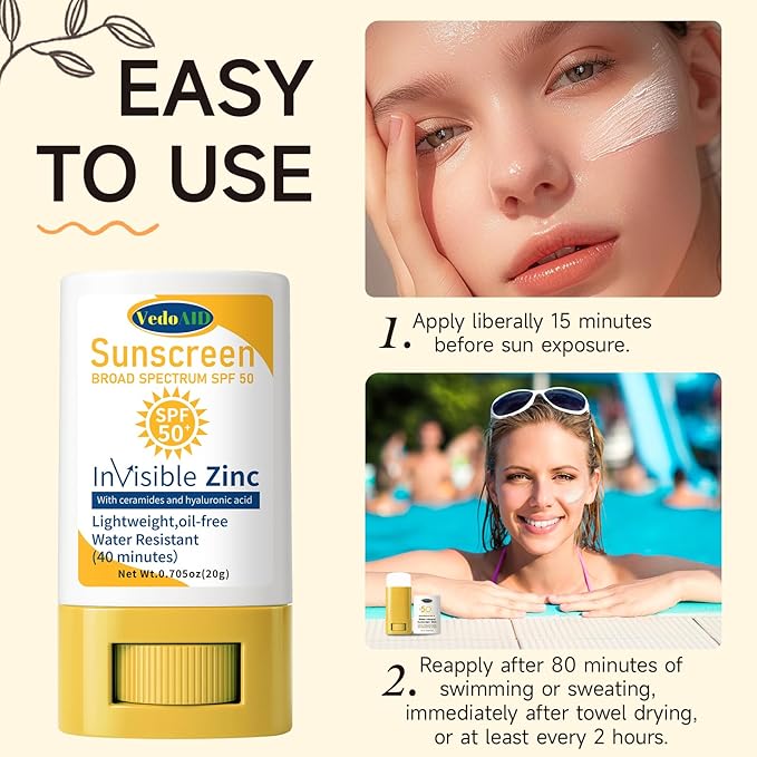 Invisible Zinc Sunscreen Stick, SPF 50 Broad Spectrum, Water Resistant, Hydrating with Vitamin E, Zinc Oxide, 0.705 oz (1pc (Invisible Zinc))