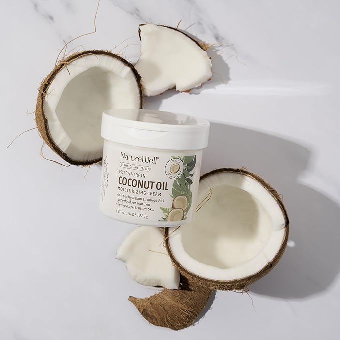 NATURE WELL Coconut Oil Moisturizing Cream for Dry Skin – Deep Hydration Lotion for Face, Body & Hands, Spa Quality Skincare, Softens & Smooths, Non-Greasy, Fast Absorbing, Vitamins A C E, 10 Oz