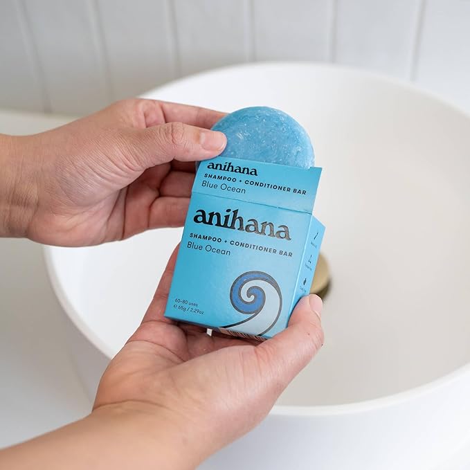 ANIHANA 2-in-1 Shampoo & Conditioner Bar Plastic-Free, Travel Friendly, Blue Ocean Scent for Regular Normal Hair, Clean, Purifying, Natural, Healthy Look and Shine, Paraben-Free, 2.29 oz