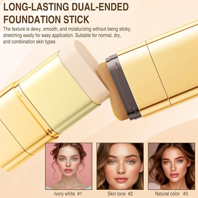Luminous Dual-Ended Concealer Foundation Stick,Korean Full Coverage Foundation Stick,3-In-1 Long-Lasting Foundation with Concealer & Brush,Sweat-Resistant Finish for All Skin Types(#3 Natural Color)