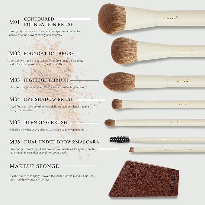 BEILI Mini 6Pcs Makeup Brush Set – Elegant Off White, Professional Travel Brushes for Foundation, Contour, Highlighter & Blending, with Sponge and Gift Box