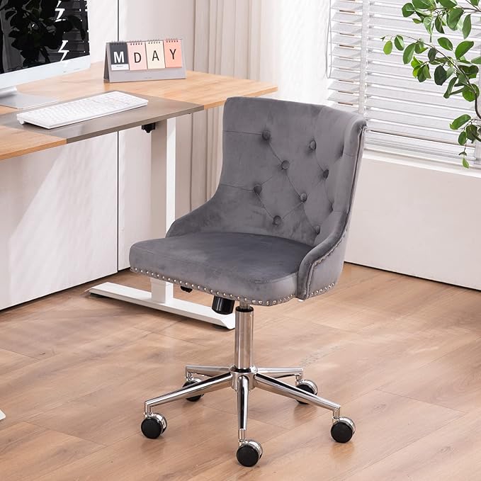 VINGLI Grey Velvet Armless Home Office Desk Chair with Silver Chrome Base/Wheels, Small Cute Vanity/Makeup Chair with Back for Bedroom, Upholstered Adjustable Rolling Swivel Nail Chair for Women/Girls