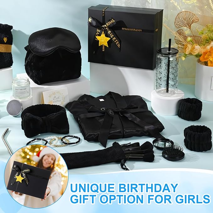 15 Pcs Birthday Gifts for Women Robe Sets for Women Spa Basket Set Graduation Gifts Bath Robe Make up Brushes Scented Candle Fluffy Socks Coffee Cup for Mom Nurse Girlfriend Wife(Black)