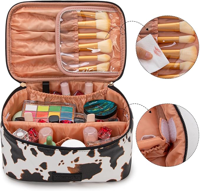 Montana West X Wrangler Travel Makeup Bag 2pcs Set Large Cosmetic Bag with Makeup Brush Holder Portable Make Up Organizer Cute Toiletry Bag with Divider and Handle for Women