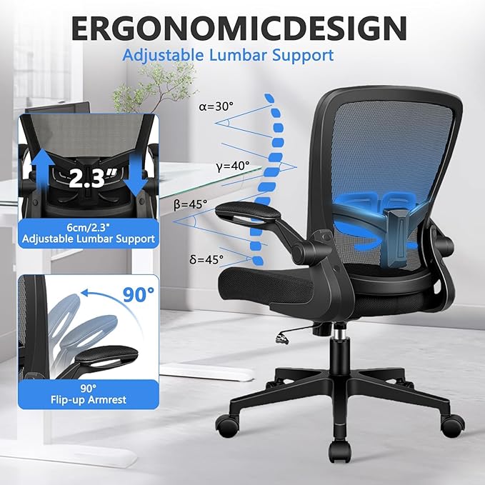 Desk Chairs with Wheels, Ergonomic Mesh Office Chair Adjustable Height and Swivel Lumbar Support Home Office Chair with Flip Up Armrests, Set of 12