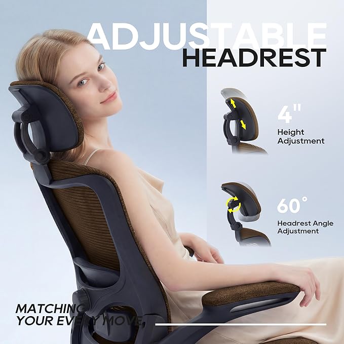 Ergonomic Office Chair, High Back Mesh Desk Chair with Adjustable Lumbar Support & Headrest, Flip-up Armrest, Computer Task Chairs for Home and Executive Office (B-Brown)