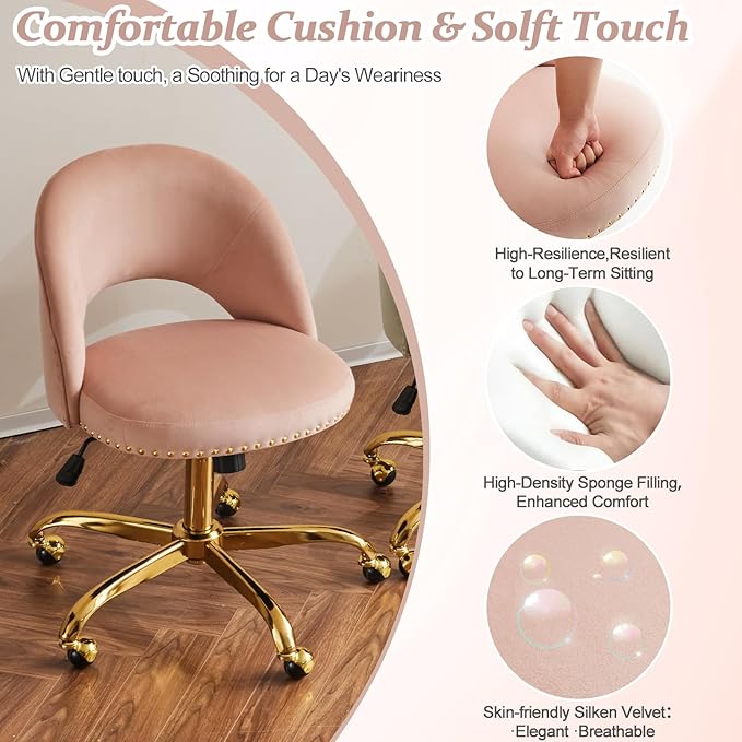 VINGLI Modern Velvet Small Office Chair,Cute Desk Chair with Wheels,Gold Base/Studs, Comfy Armless Swivel Vanity Task Chair for Women/Girl/Kids, Nail Tech Chair for Bedroom,Small Space,Pink