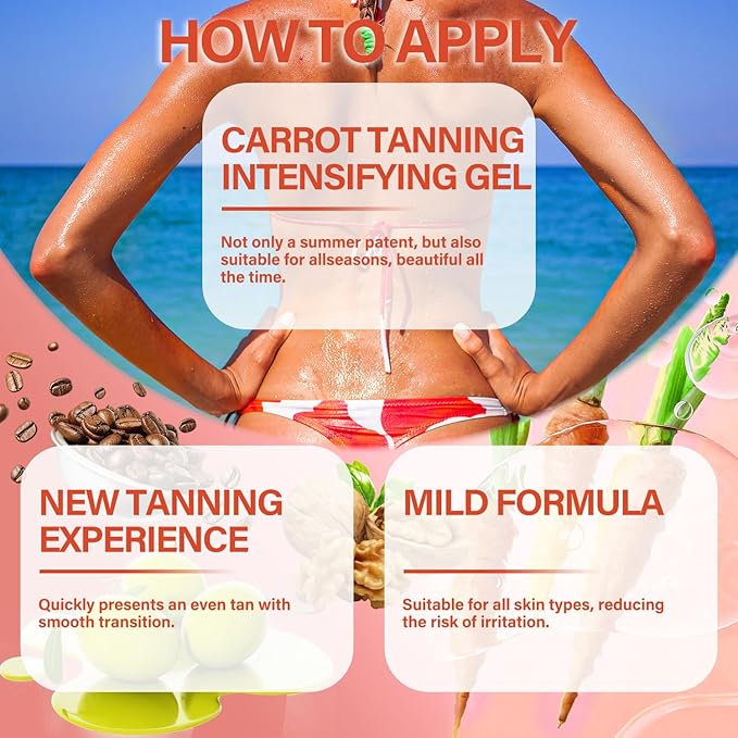 Tanning Gel with Natural Carrot Oil & Vitamin E, Fast-Acting Sun Tan Enhancer for Deep, Dark, Long-Lasting Color, Hydrating, Water, Resistant Formula for Face & Body, Ideal for All Skin Tones, 3.53 oz